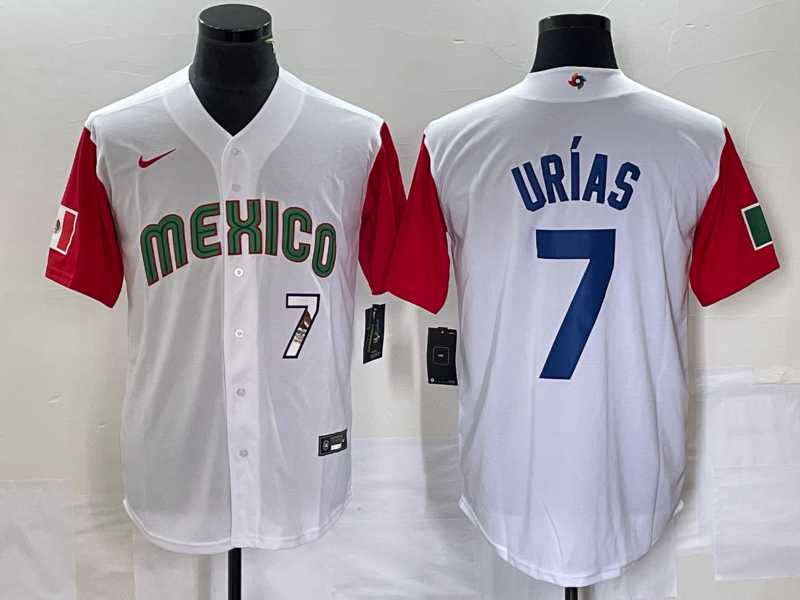Mens Mexico Baseball #7 Julio Urias Number 2023 White Red World Classic Stitched Jersey